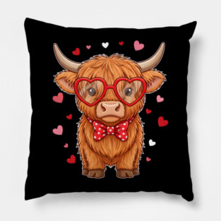 Valentine's Day Highland Cow with Heart Glasses and Bowtie Pillow