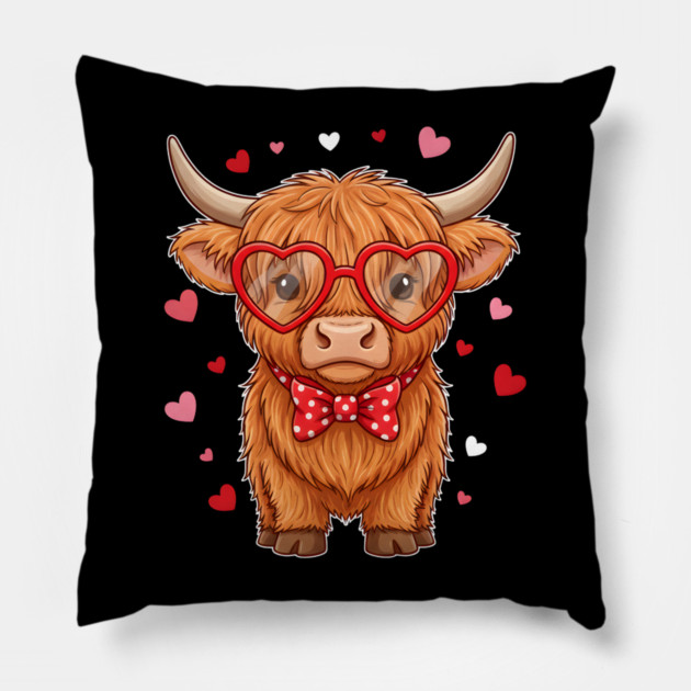 Valentine's Day Highland Cow with Heart Glasses and Bowtie Pillow by Creatifly Graphic Tees