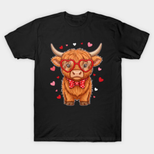 Valentine's Day Highland Cow with Heart Glasses and Bowtie T-Shirt