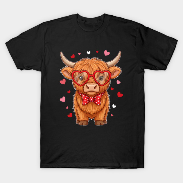 Valentine's Day Highland Cow with Heart Glasses and Bowtie T-Shirt by Creatifly Graphic Tees