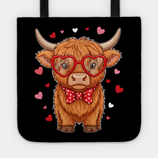 Valentine's Day Highland Cow with Heart Glasses and Bowtie Tote by Creatifly Graphic Tees