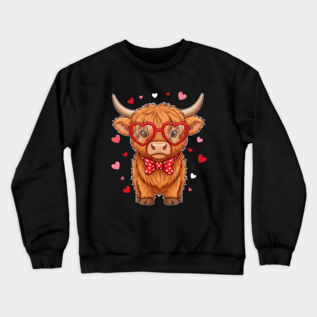 Valentine's Day Highland Cow with Heart Glasses and Bowtie Crewneck Sweatshirt by Creatifly Graphic Tees
