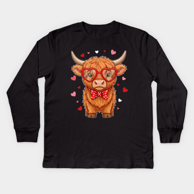 Valentine's Day Highland Cow with Heart Glasses and Bowtie Kids Long Sleeve T-Shirt by Creatifly Graphic Tees