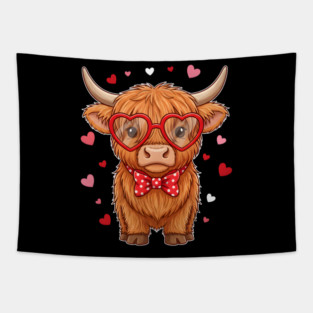 Valentine's Day Highland Cow with Heart Glasses and Bowtie Tapestry