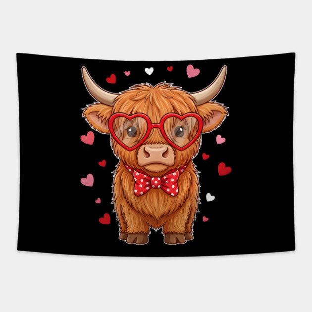 Valentine's Day Highland Cow with Heart Glasses and Bowtie Tapestry by Creatifly Graphic Tees