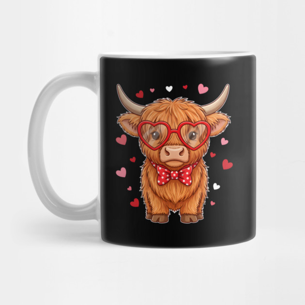 Valentine's Day Highland Cow with Heart Glasses and Bowtie by Creatifly Graphic Tees