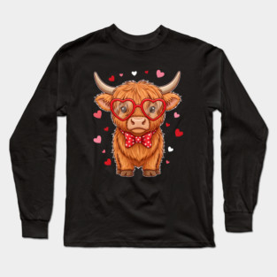Valentine's Day Highland Cow with Heart Glasses and Bowtie Long Sleeve T-Shirt