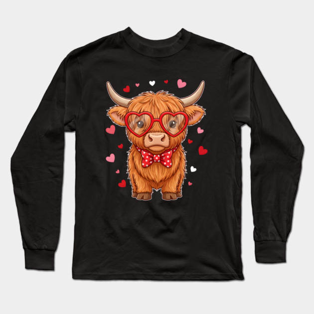 Valentine's Day Highland Cow with Heart Glasses and Bowtie Long Sleeve T-Shirt by Creatifly Graphic Tees