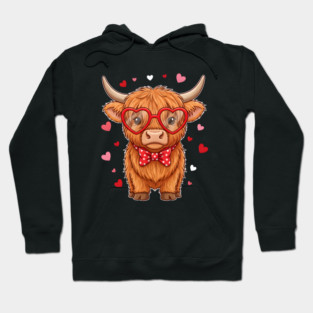 Valentine's Day Highland Cow with Heart Glasses and Bowtie Hoodie