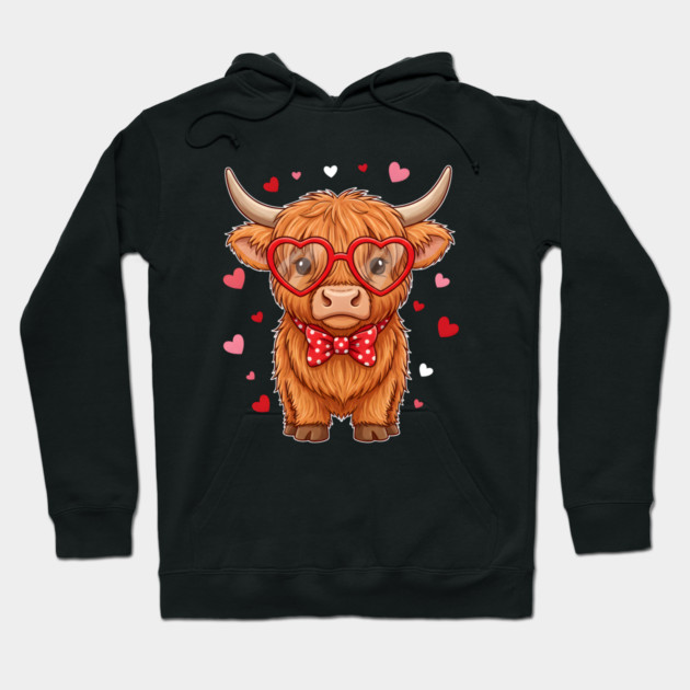 Valentine's Day Highland Cow with Heart Glasses and Bowtie Hoodie by Creatifly Graphic Tees
