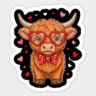 Valentine's Day Highland Cow with Heart Glasses and Bowtie Sticker