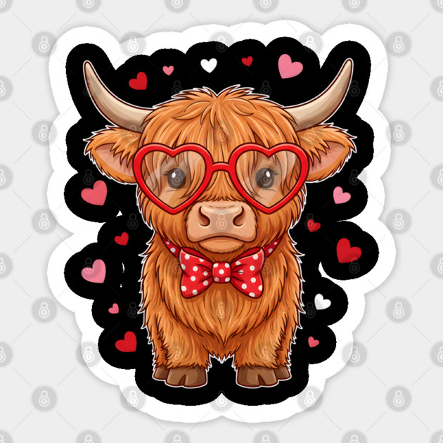 Valentine's Day Highland Cow with Heart Glasses and Bowtie Sticker by Creatifly Graphic Tees