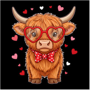 Valentine's Day Highland Cow with Heart Glasses and Bowtie Posters and Art