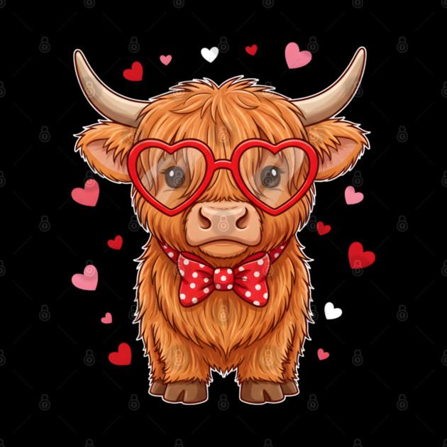 Valentine's Day Highland Cow with Heart Glasses and Bowtie by Creatifly Graphic Tees