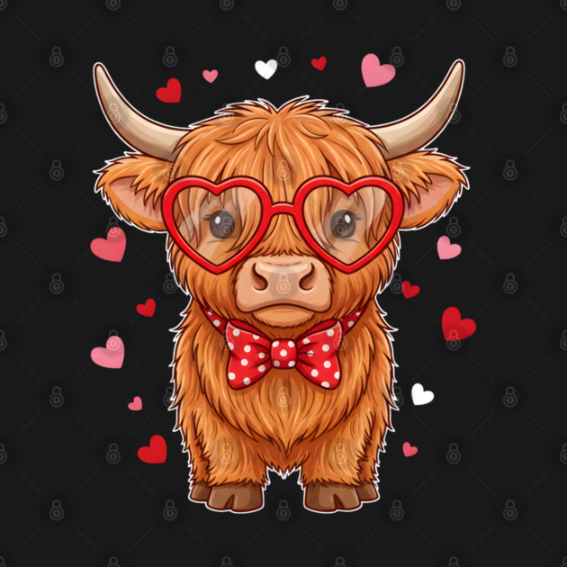 Valentine's Day Highland Cow with Heart Glasses and Bowtie by Creatifly Graphic Tees