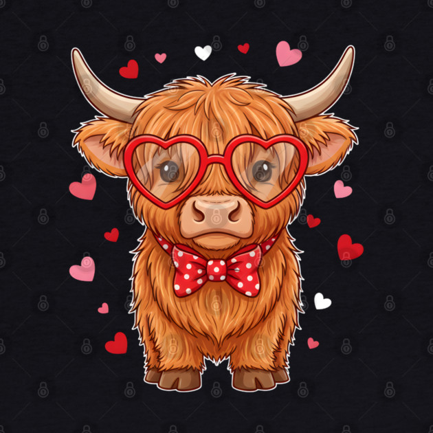 Valentine's Day Highland Cow with Heart Glasses and Bowtie by Creatifly Graphic Tees