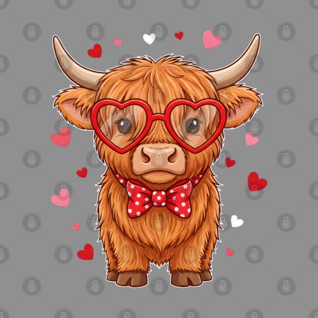 Valentine's Day Highland Cow with Heart Glasses and Bowtie by Creatifly Graphic Tees