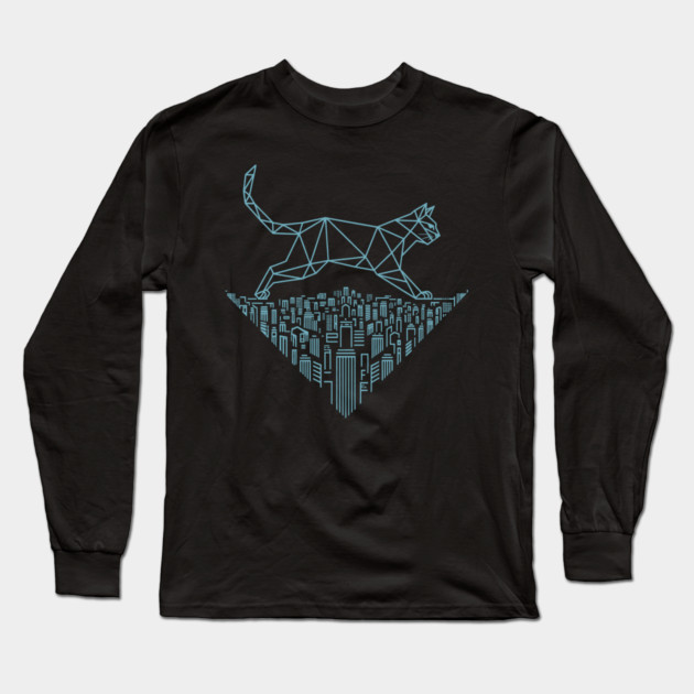 Cat in the cityscape Long Sleeve T-Shirt by CreativeSage