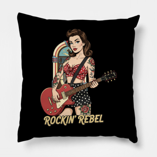 Rockin Rebel Pin-Up Vintage 1950s Retro Girl Art Pillow by Vintage Retro Prints by RDR Design