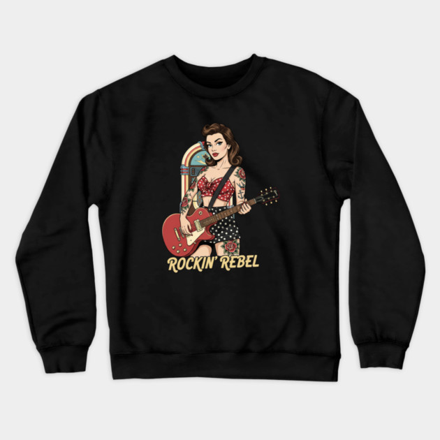 Rockin Rebel Pin-Up Vintage 1950s Retro Girl Art Crewneck Sweatshirt by Vintage Retro Prints by RDR Design