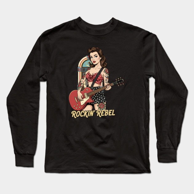 Rockin Rebel Pin-Up Vintage 1950s Retro Girl Art Long Sleeve T-Shirt by Vintage Retro Prints by RDR Design