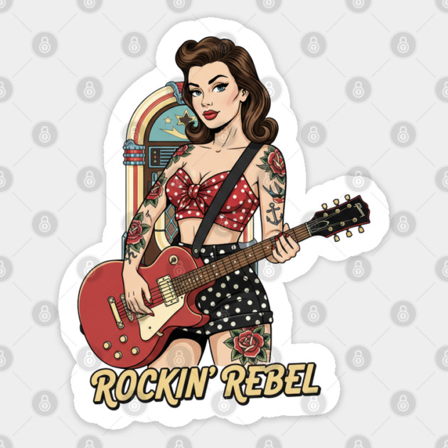 Rockin Rebel Pin-Up Vintage 1950s Retro Girl Art Sticker by Vintage Retro Prints by RDR Design