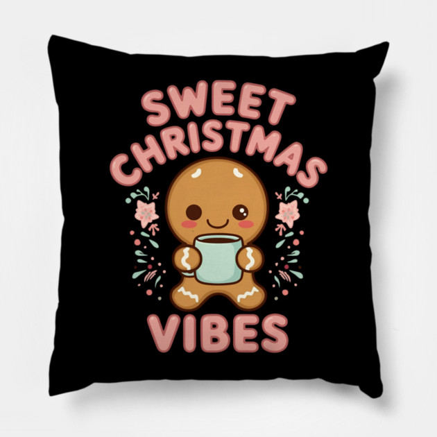 Kawaii Gingerbread Girl Sweet Christmas Vibes Pillow by Ink Lines