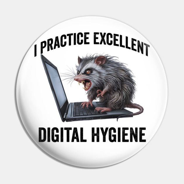 I Practice Excellent Digital Hygiene, Feral Computer Possum Pin by Luxinda
