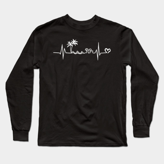 Beach Heartbeat ECG - Palm Trees Waves Vacation Love Long Sleeve T-Shirt by UrbanLifeApparel