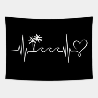 Beach Heartbeat - Palm Trees Waves Vacation Love Tapestry