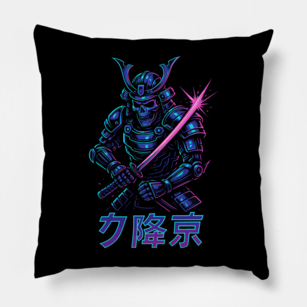 Cyberpunk Samurai Skeleton – Neon Armor Vector – Katana Warrior Streetwear Graphic Pillow by Urbanprint