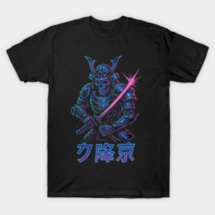 Cyberpunk Samurai Skeleton – Neon Armor Vector – Katana Warrior Streetwear Graphic T-Shirt