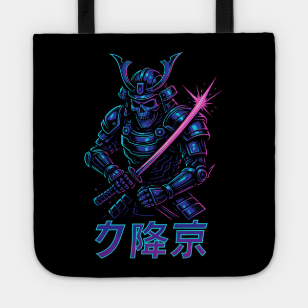 Cyberpunk Samurai Skeleton – Neon Armor Vector – Katana Warrior Streetwear Graphic Tote by Urbanprint