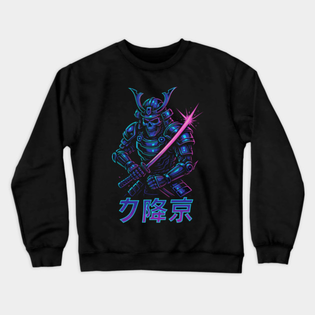 Cyberpunk Samurai Skeleton – Neon Armor Vector – Katana Warrior Streetwear Graphic Crewneck Sweatshirt by Urbanprint