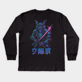 Cyberpunk Samurai Skeleton – Neon Armor Vector – Katana Warrior Streetwear Graphic Kids Long Sleeve T-Shirt