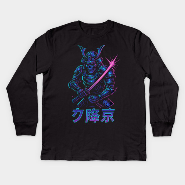 Cyberpunk Samurai Skeleton – Neon Armor Vector – Katana Warrior Streetwear Graphic Kids Long Sleeve T-Shirt by Urbanprint