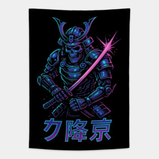 Cyberpunk Samurai Skeleton – Neon Armor Vector – Katana Warrior Streetwear Graphic Tapestry