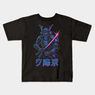Cyberpunk Samurai Skeleton – Neon Armor Vector – Katana Warrior Streetwear Graphic Kids T-Shirt