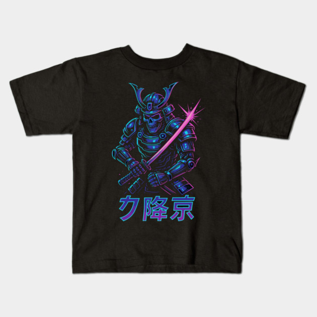 Cyberpunk Samurai Skeleton – Neon Armor Vector – Katana Warrior Streetwear Graphic Kids T-Shirt by Urbanprint