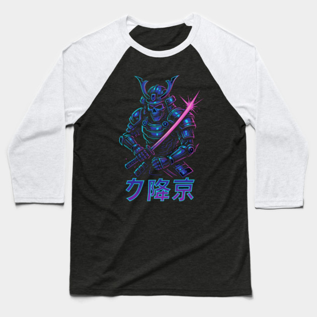 Cyberpunk Samurai Skeleton – Neon Armor Vector – Katana Warrior Streetwear Graphic Baseball T-Shirt by Urbanprint