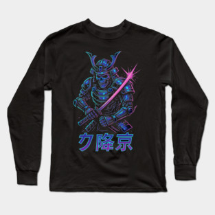 Cyberpunk Samurai Skeleton – Neon Armor Vector – Katana Warrior Streetwear Graphic Long Sleeve T-Shirt