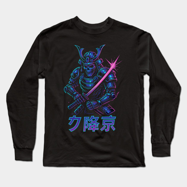 Cyberpunk Samurai Skeleton – Neon Armor Vector – Katana Warrior Streetwear Graphic Long Sleeve T-Shirt by Urbanprint