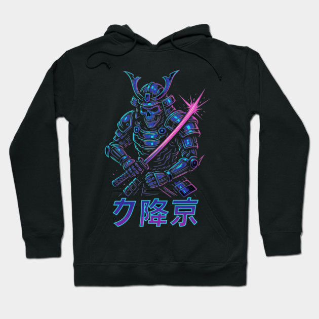 Cyberpunk Samurai Skeleton – Neon Armor Vector – Katana Warrior Streetwear Graphic Hoodie by Urbanprint