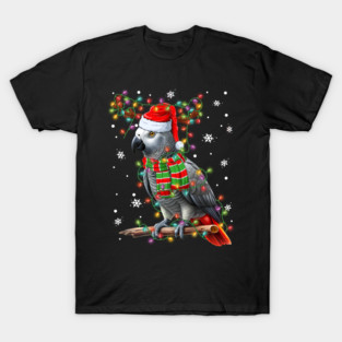 Grey Parrot Santa Hat Reindeer Xmas Tree Lights Christmas T-Shirt