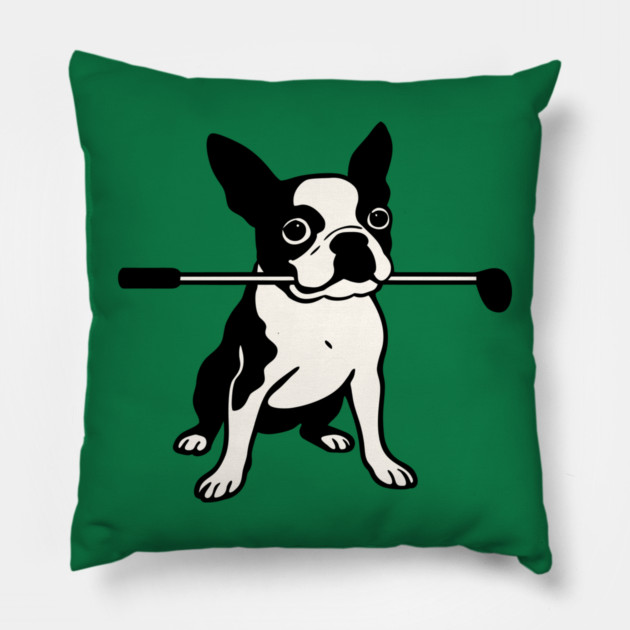 Boston Terrier Golfer – Funny Dog Golf Club Design Pillow by DonWillisJrArt