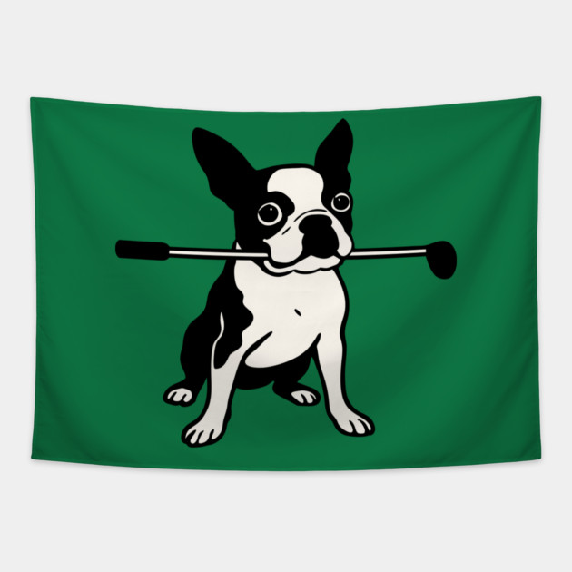 Boston Terrier Golfer – Funny Dog Golf Club Design Tapestry by DonWillisJrArt