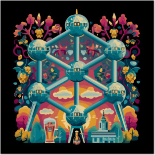 Belgian culture illustration with Atomium and Trappist Beer 3 Posters and Art