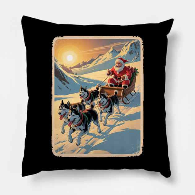 Classic Retro Husky Sled Team Christmas Pillow by yangho