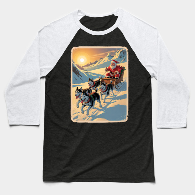 Classic Retro Husky Sled Team Christmas Baseball T-Shirt by yangho