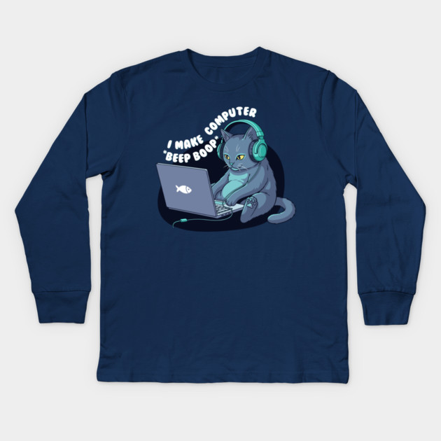 Funny Programmer Cat: I Make Computers Beep Boop! Kids Long Sleeve T-Shirt by enrynz